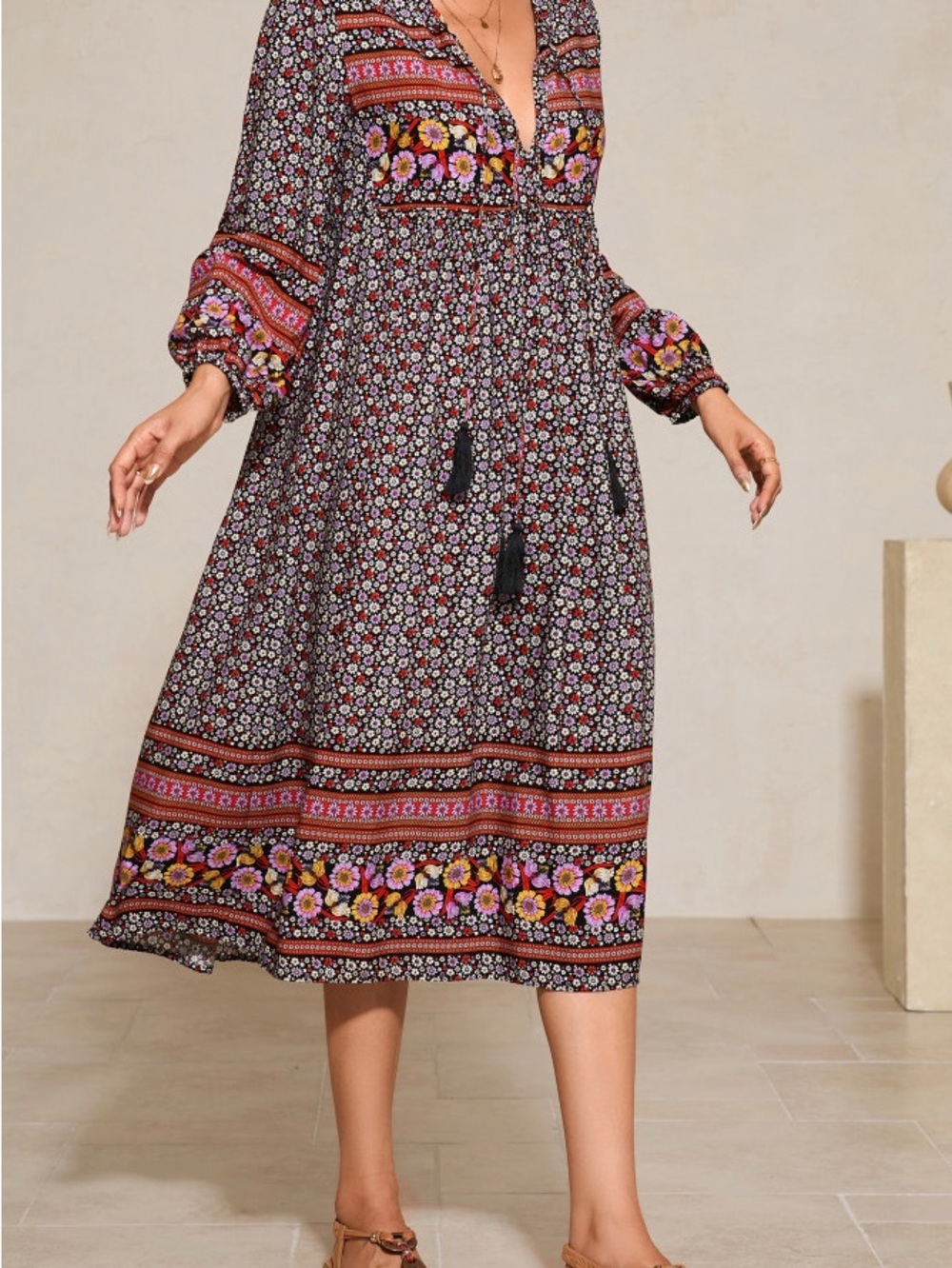 Bohemian Floral Midi Dress in Black with Pink Accents (and Pockets)